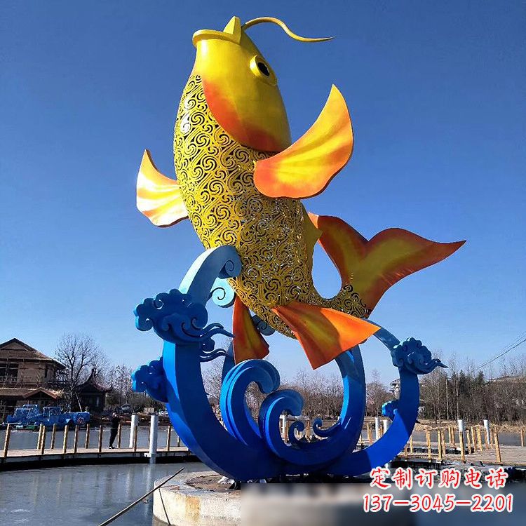 无锡彩绘不锈钢鱼跃雕塑-大型水景喷泉动物雕塑