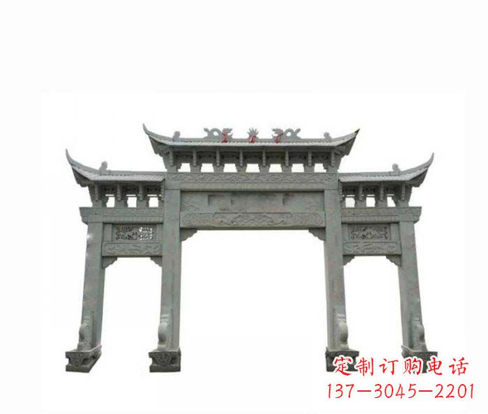 无锡村口三门牌楼石雕