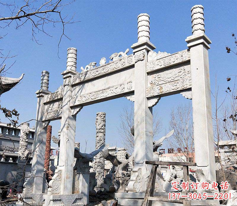 无锡村口三门石牌坊石雕 (2)