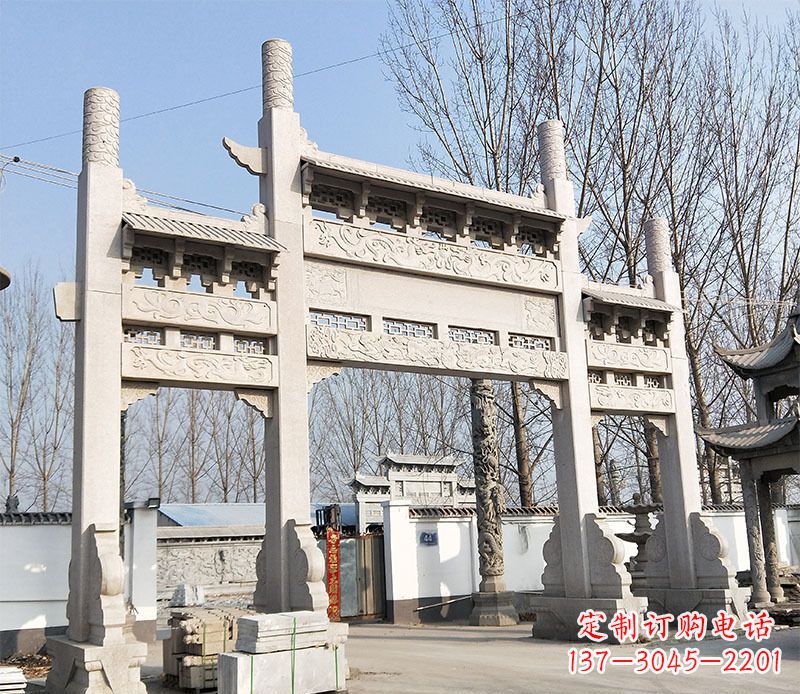 无锡村口三门石牌坊石雕 (3)