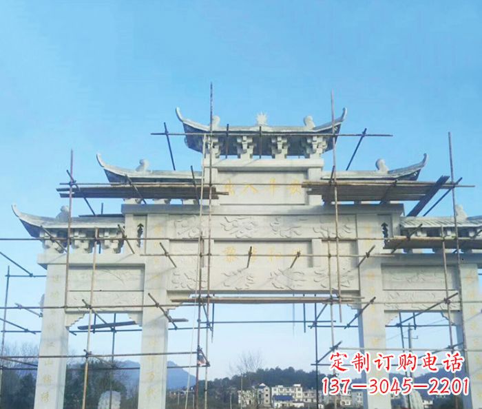 无锡村庄大理石三门牌坊石雕 (4)