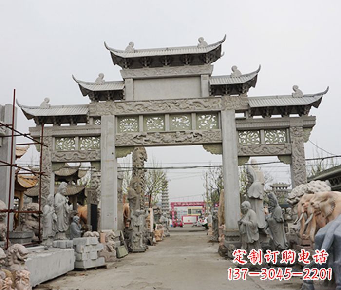 无锡村庄大理石三门牌坊石雕 (3)