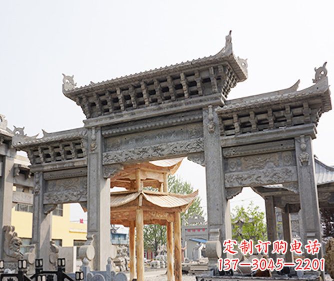 无锡村庄大理石三门牌坊石雕 (5)