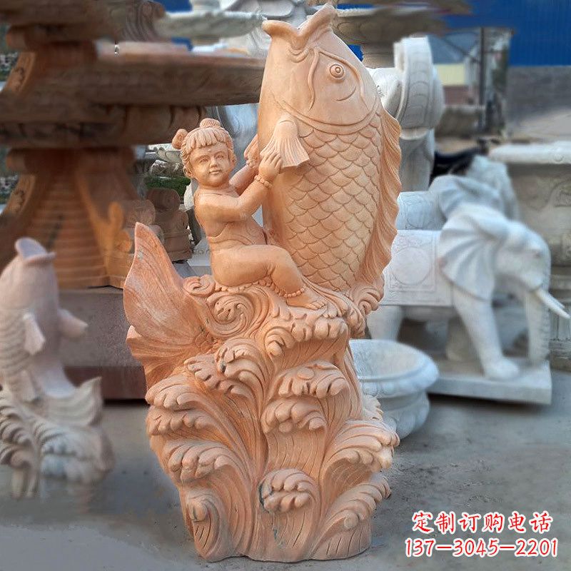 无锡大型喷水鲤鱼景观雕塑-晚霞红石雕动物喷泉