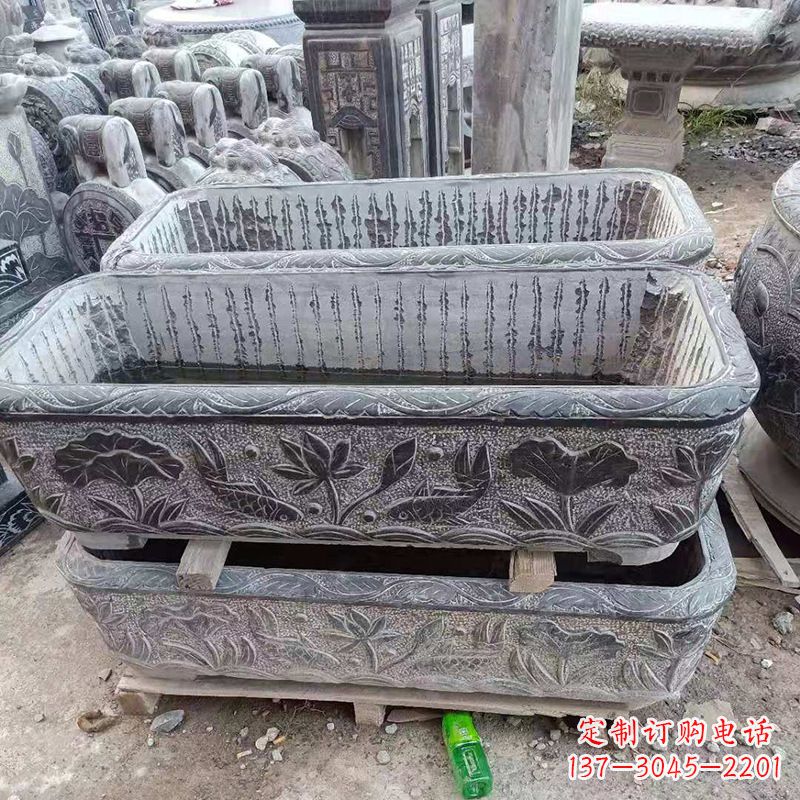 无锡方形石槽雕塑,打造完美家庭养鱼石缸
