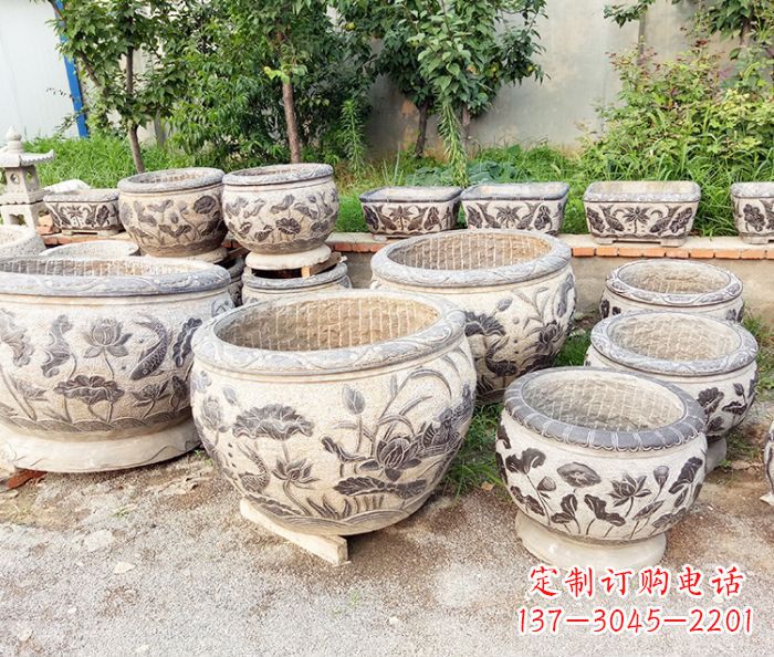 无锡仿古荷花鲤鱼石浮雕水缸 (2)