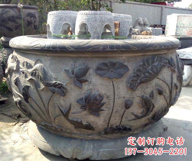无锡精美仿古荷花鲤鱼浮雕石水缸