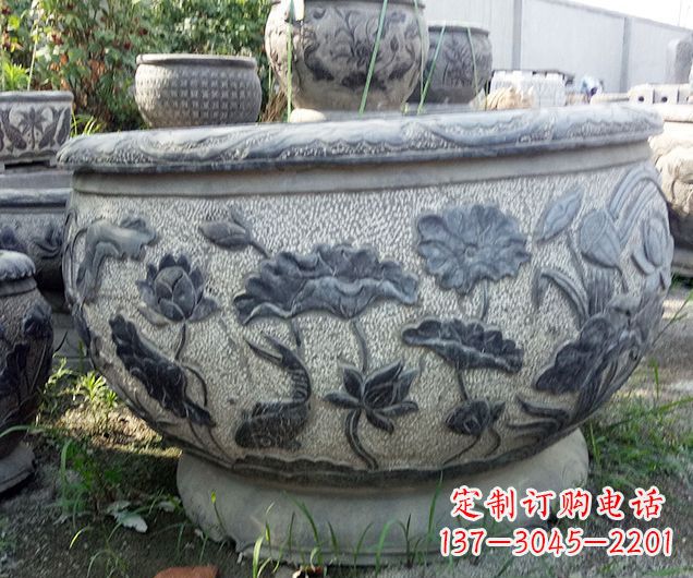 无锡中领雕塑仿古荷花石浮雕水缸