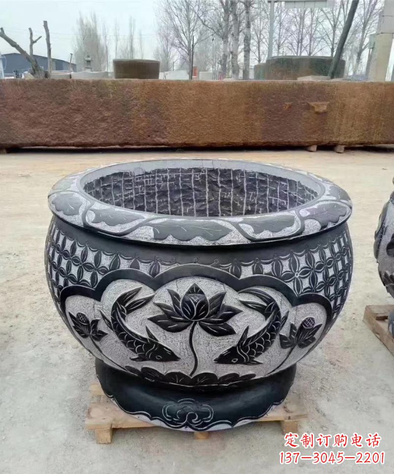 无锡仿古石雕荷花鲤鱼水缸