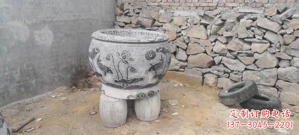 无锡仿古石水缸荷花鲤鱼石浮雕