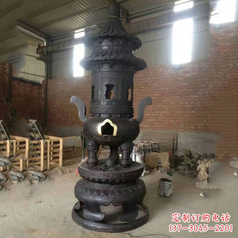 无锡花卉盘状高层圆形铜香炉雕塑