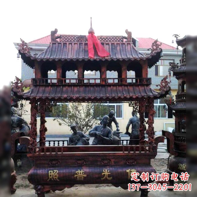 无锡高浮雕双兽衔环耳__三足铜香炉