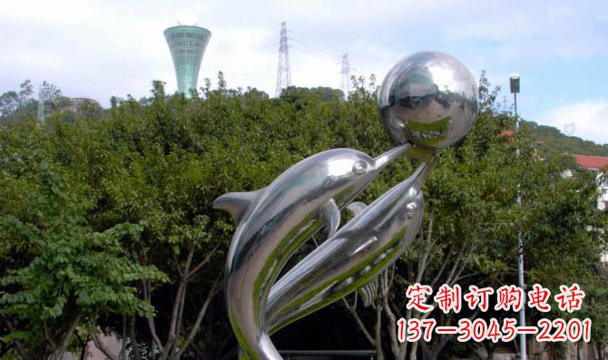 无锡高贵静谧的不锈钢海豚顶球雕塑
