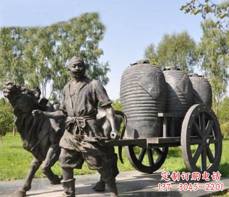 无锡公园驾着牛车拉酒缸的古代人物小品铜雕