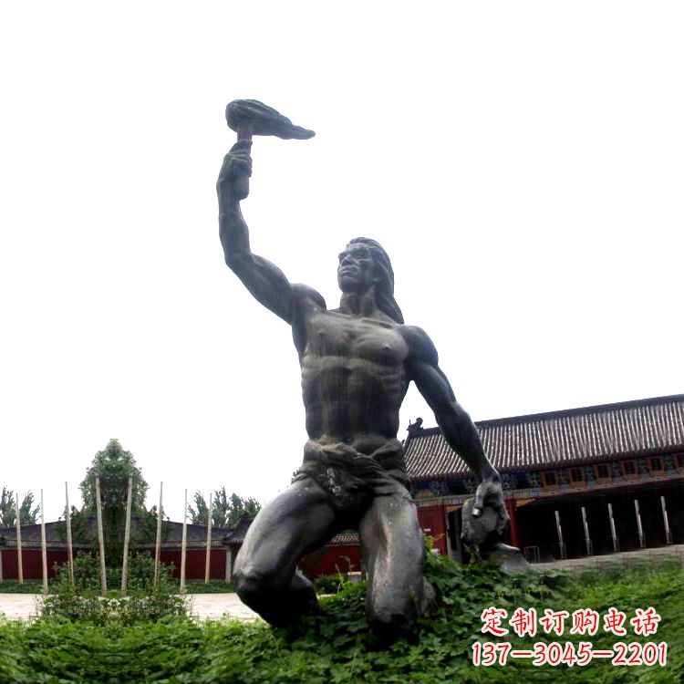 无锡公园神话传说人物，燧人氏生火雕塑