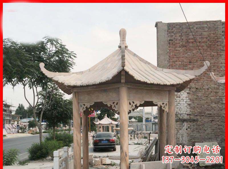 无锡公园晚霞红六角石凉亭雕塑