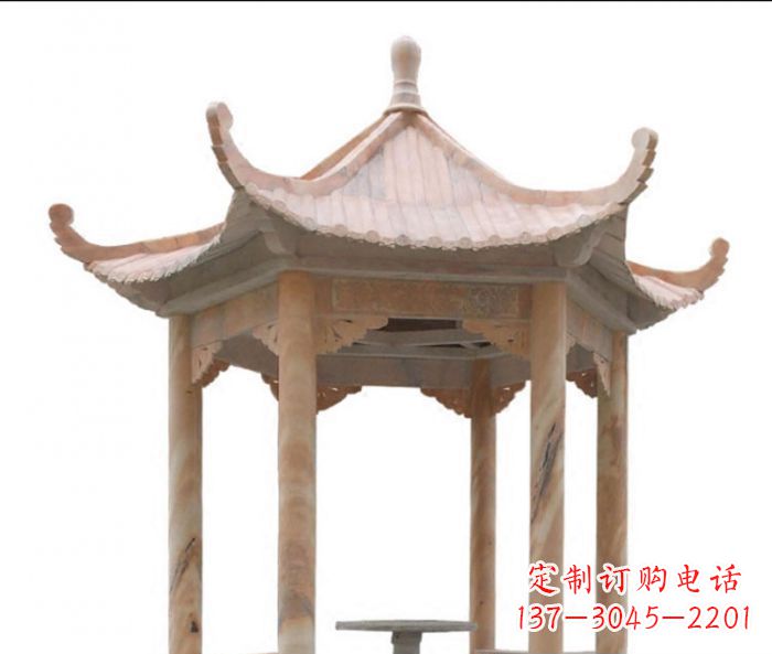 无锡美丽而优雅的公园晚霞红六角石凉亭雕塑