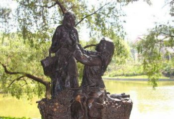 无锡温馨铜雕公园里喂母亲吃荔枝的女孩