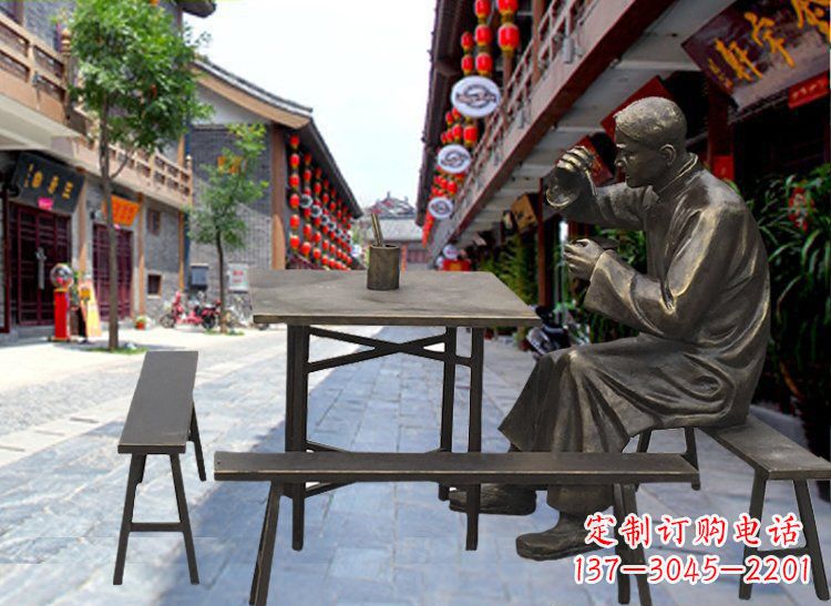 无锡享受下午茶时光的店小二喝茶雕塑