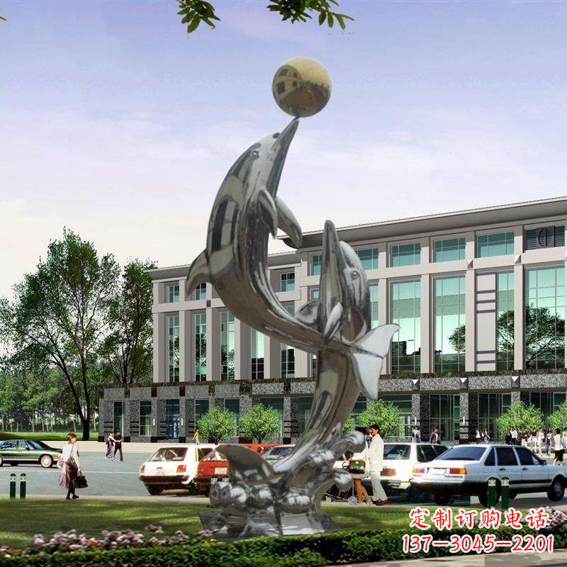 无锡不锈钢海豚戏球雕塑,营造清新海岸风情