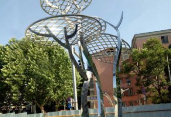 无锡广场抽象网格不锈钢树雕塑