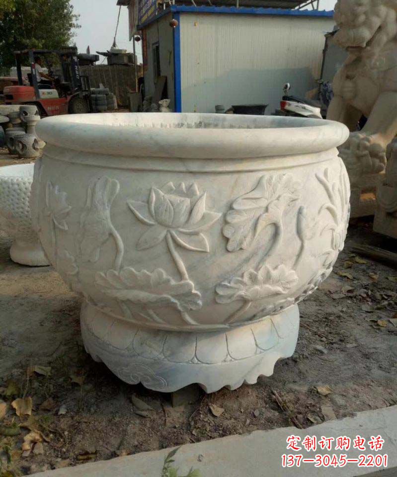 无锡汉白玉荷花石浮雕水缸,营造令人心旷神怡的宁静之美