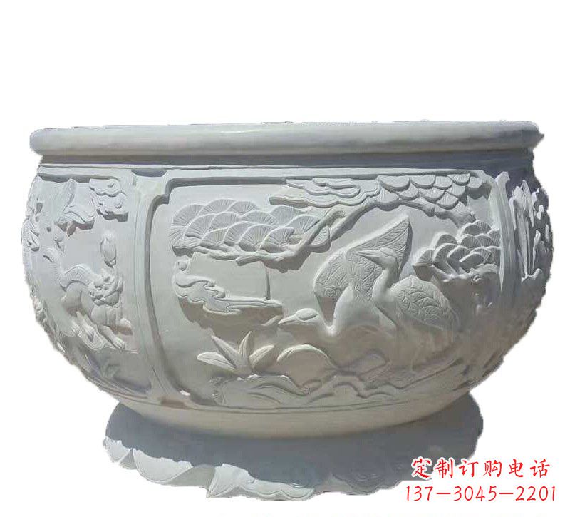 无锡汉白玉松鹤延年浮雕水缸