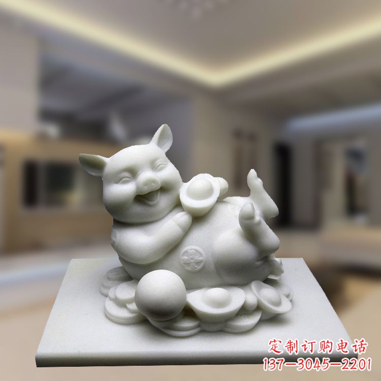 无锡汉白玉动物雕塑，招财猪石雕精美装饰