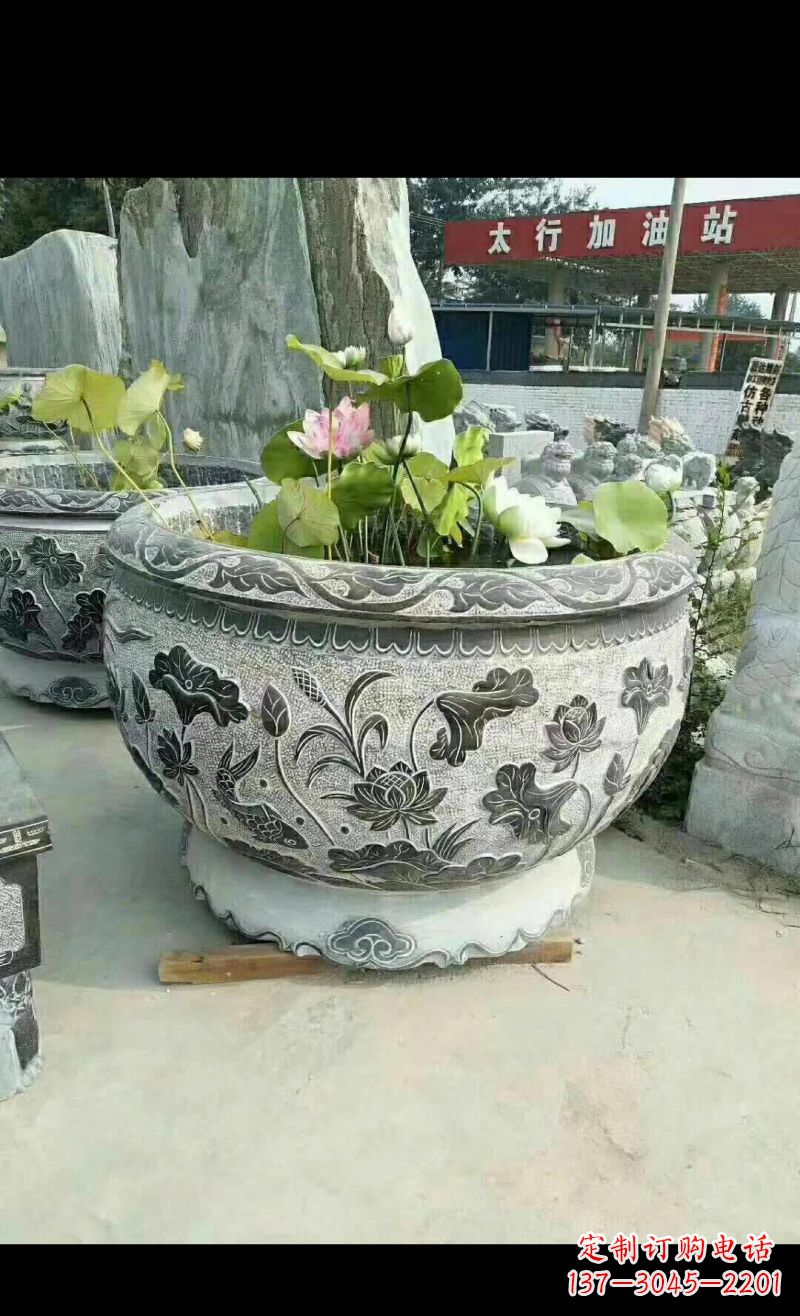 无锡精美荷花鲤鱼石浮雕水缸