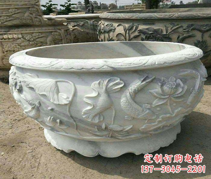 无锡荷花鲤鱼石浮雕招财水缸