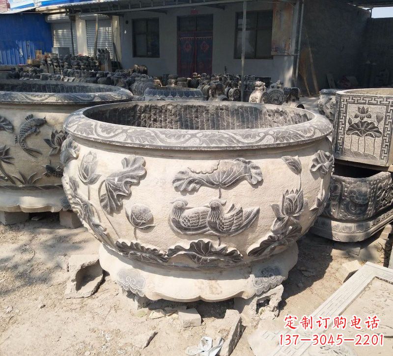 无锡传统艺术、高雅精致,荷花鸳鸯石水缸精美雕塑
