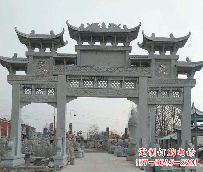 无锡三门牌坊石雕,精美汉风石雕装饰景区