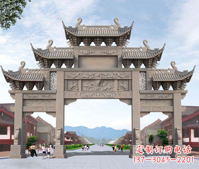无锡景区三门石雕牌楼——精美雕塑定制