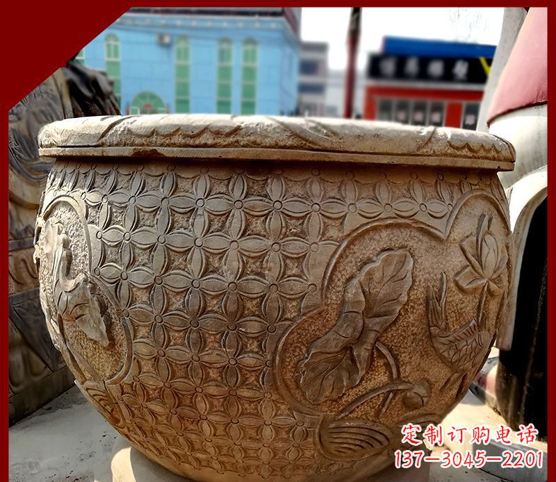 无锡鲤鱼荷花浮雕仿古石水缸