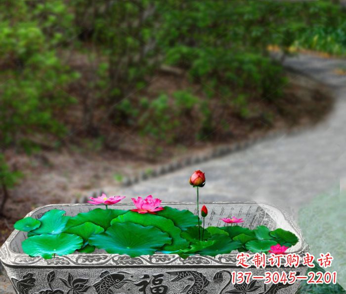 无锡鲤鱼荷花福字石浮雕长方形水缸