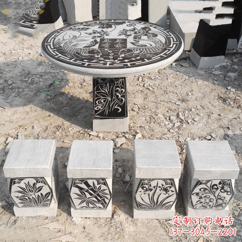 无锡梅兰竹菊仿古方石桌凳雕塑,古朴典雅