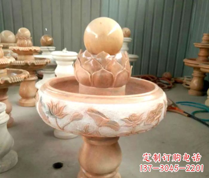 无锡石来运转晚霞红风水球喷泉石雕