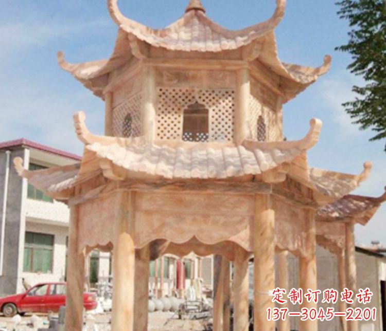无锡双层晚霞红石凉亭石雕