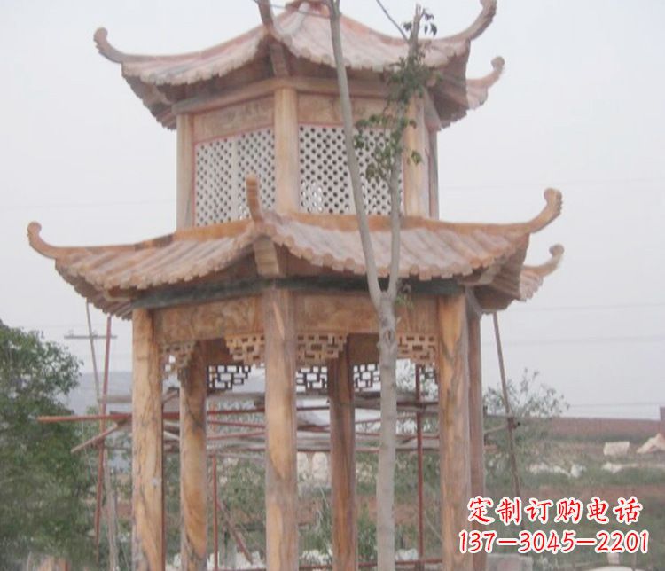 无锡双层晚霞红石凉亭石雕 (2)