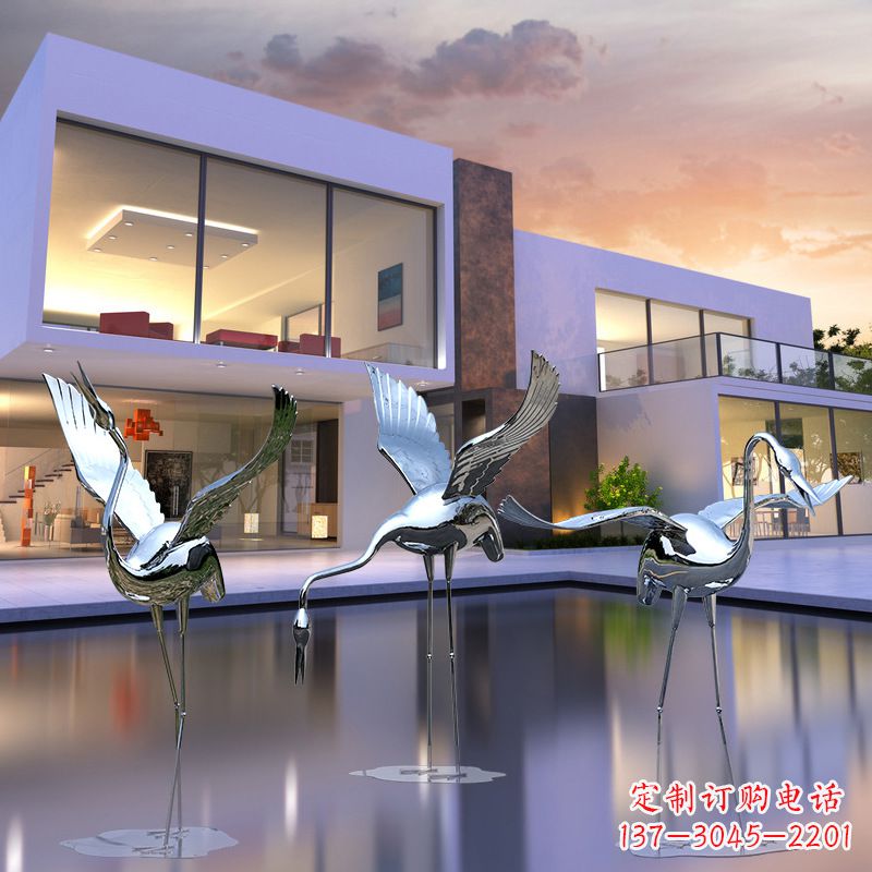 无锡水景仙鹤不锈钢镜面雕塑