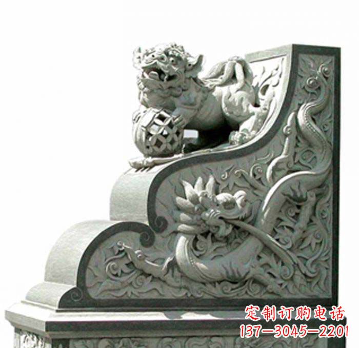 无锡寺庙景观玩绣球狮子石雕门墩