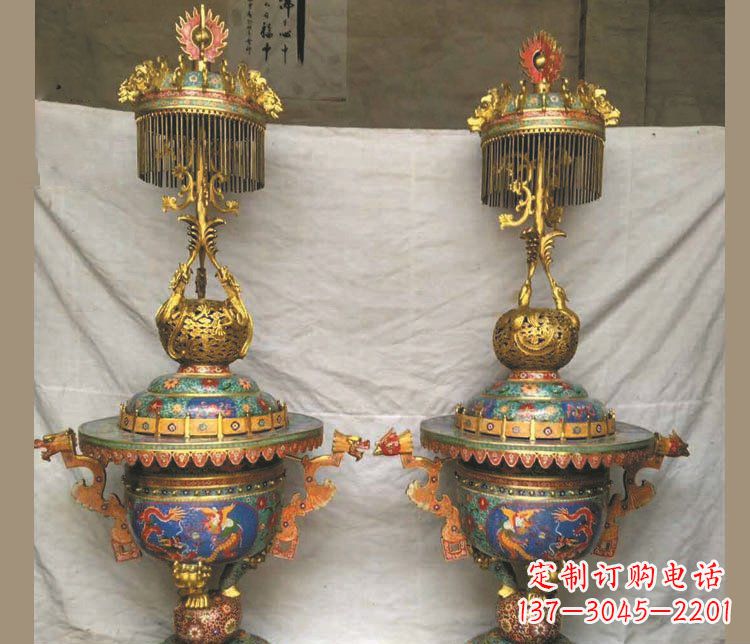 无锡铜雕彩绘香炉景观摆件