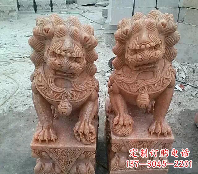无锡晚霞红传统狮子石雕