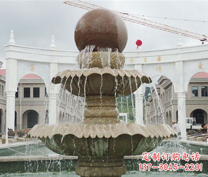 无锡晚霞红风水球多层喷泉石雕