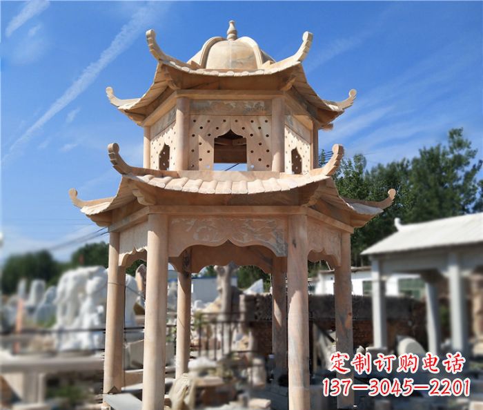无锡晚霞红公园双层六角凉亭石雕