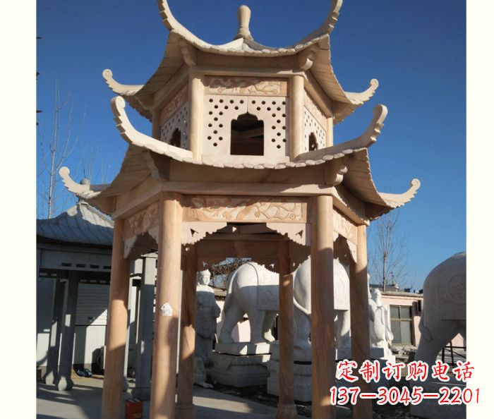 无锡晚霞红公园双层六角凉亭石雕 (2)