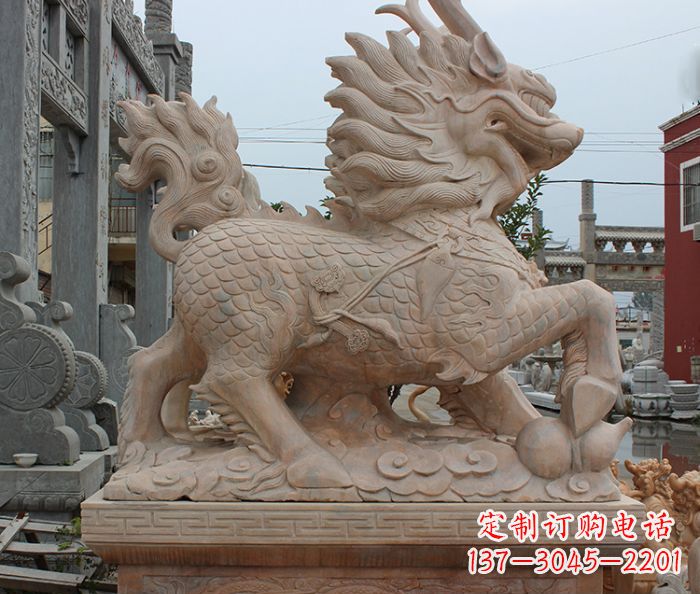 无锡晚霞红古代神兽麒麟石雕