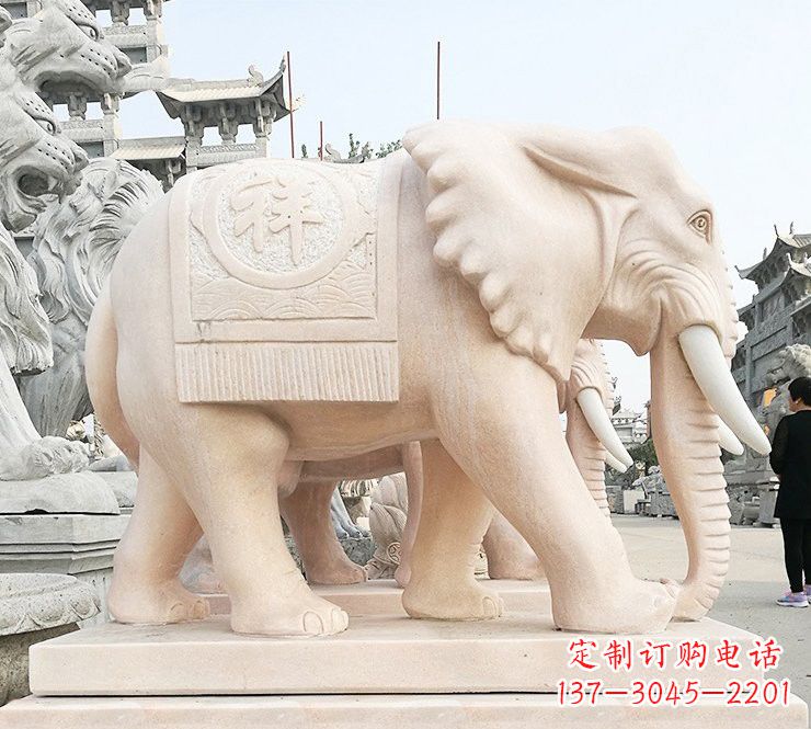 无锡晚霞红吉祥如意大象石雕