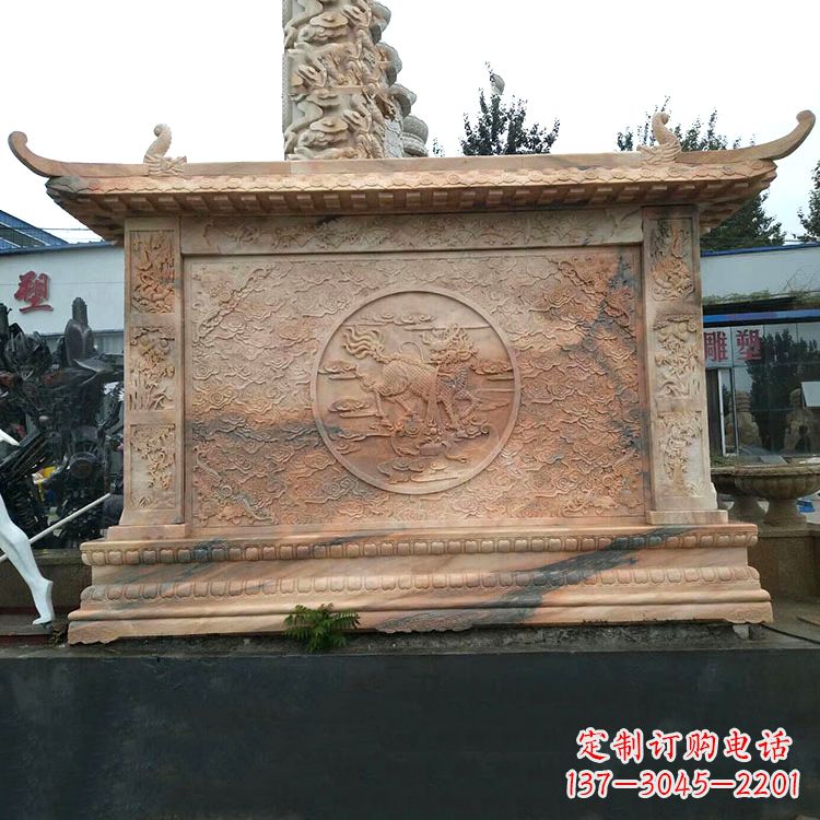 无锡晚霞红麒麟影壁墙石雕