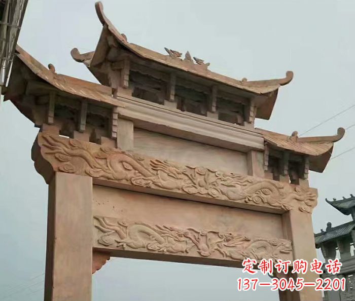 无锡晚霞红石雕单门牌坊